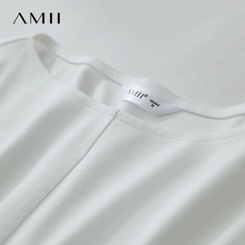 AMII Women Casual Summer T-shirt 2026 New Short Sleeve Slash Neck Tie-up Piece Pleated Cotton Tee Woman Slim Top 12552035