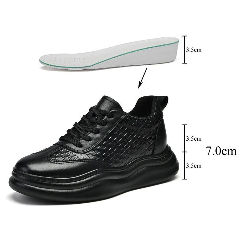7cm Elevator Shoes For Men Black White Height Increasing Shoes Leather Casual Sneakers Inner Heightening Insoles 3.5CM