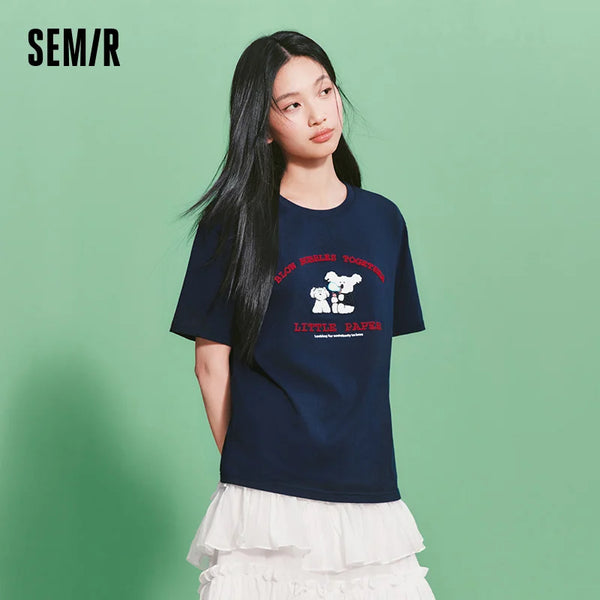 អាវយឺតស្ត្រី Semir កប្បាសកំប្លែងប៉ាក់ ម៉ូដធម្មតា ងាយស្រួលប្រើ កំពូលមូលដ្ឋាន រដូវក្តៅ 2026 សាមញ្ញ ពាក់ប្រចាំថ្ងៃ មានផាសុកភាព