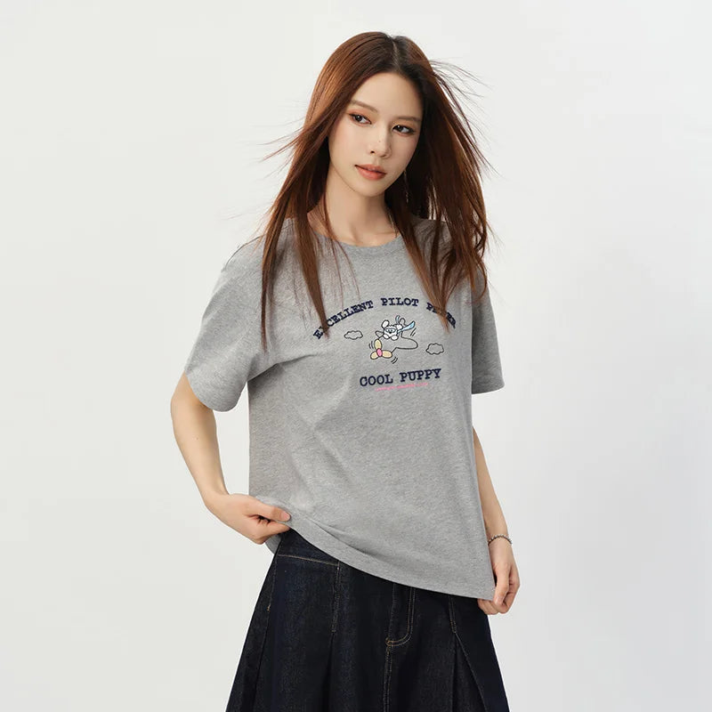 Semir Women Tshirt Cotton Funny Embroidered Casual Fashion Versatile Basic Top 2026 Summer Simple Daily Comfort Wear