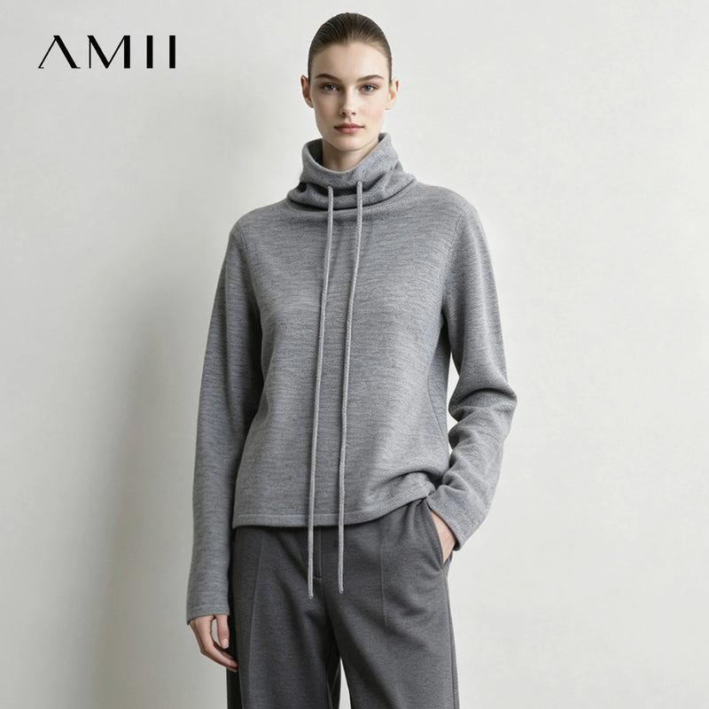 Amii Long Sleeve Turtleneck Sweaters Winter 2026 Knit Pullover Top Drawstring Loose Versatile Casual Sweaters for Women 12644009