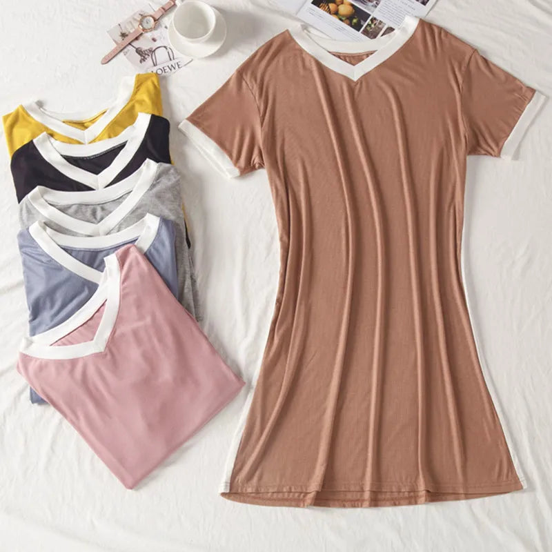 INS Short Sleeved Nightgowns For Women Summer Nightshirt Modal Knee Length Dress Loose V-Neck Casual Home Wear Nightdress