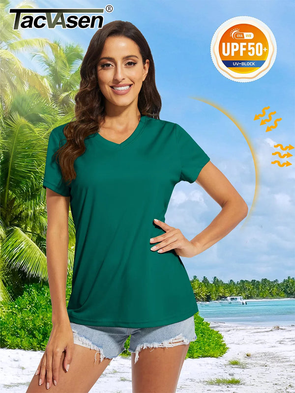 TACVASEN UPF 50+ Summer Sun Protection V-Neck T-shirts Womens Short Sleeve T-shirts Breathable Lightweight Quick Dry Shirts Tops