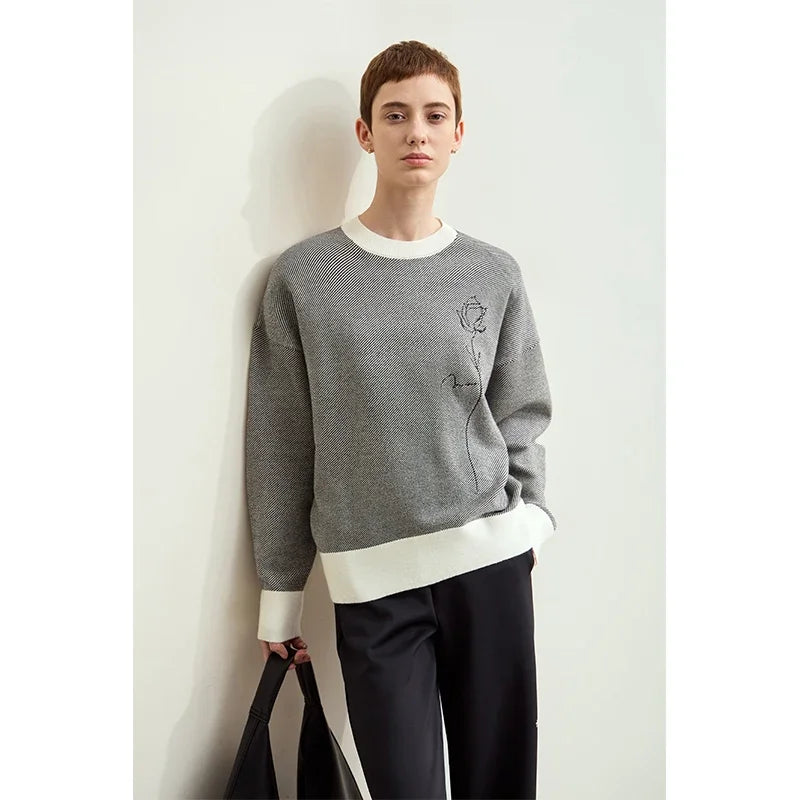 Amii Minimalism 2026 Autumn New Women Sweater Fashion Lazy O-Neck Rose Embroidery Color Contrast Drop Sleeve Loose Tops 12453063