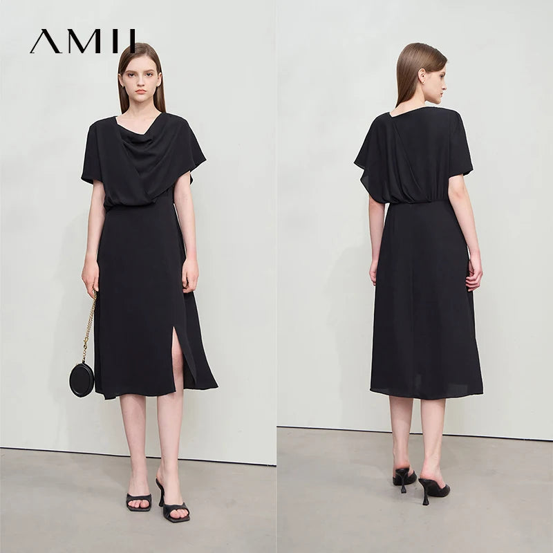 Amii Minimalist Light Luxury Dress 2026 Summer New Office Lady Elegant Ruffle Short Sleeves Swing Neck Midi Dress Robe 12552097