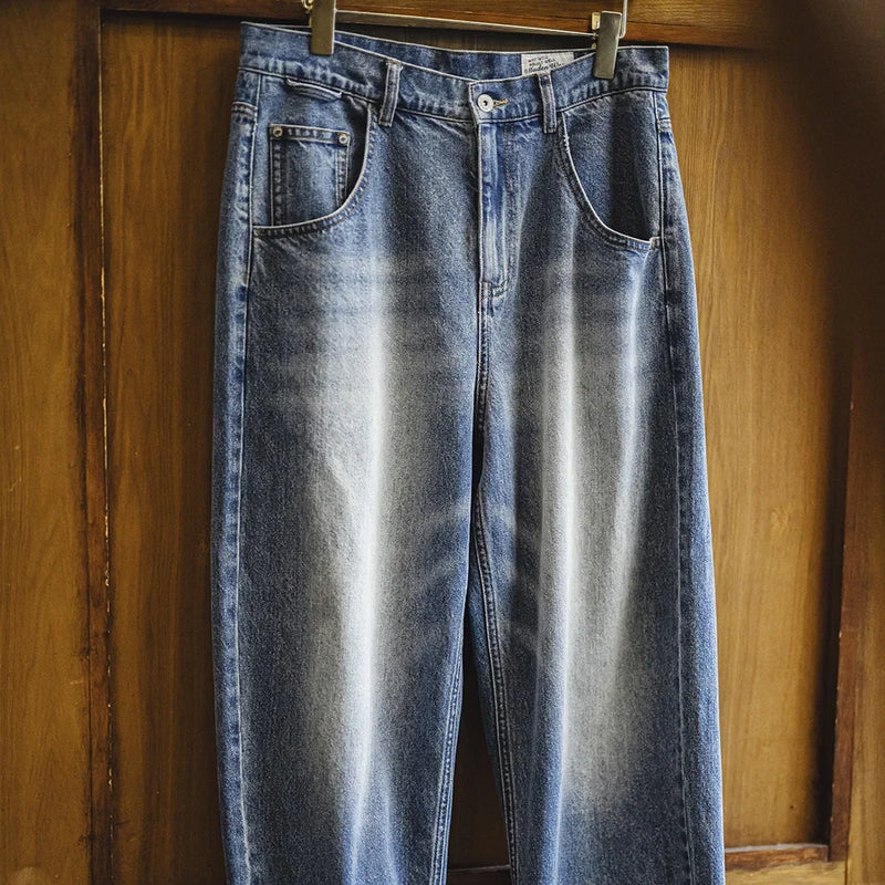ខោខូវប៊យ Maden បុរស ទំហំ 12.6oz Retro Cat Whiskers Jeans Straight Casual Jeans ជាមួយខោខូវប៊យ Denim លាងទំហំធំ សម្រាប់រដូវផ្ការីក ខោដែលអាចបត់បែនបានច្រើនយ៉ាង