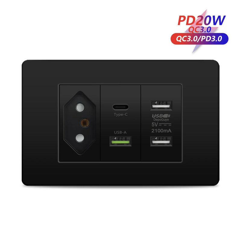 Italy Chile Mexico Outlet with USB Smart Type-c 20W Fast Charging Wall plug,Brazil Electric Light Switch Dual usb Power Socket