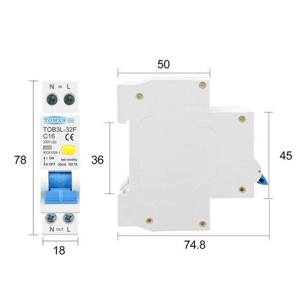 TOMZN 18MM 230V 50/60Hz RCBO 1P+N 6kA Residual Current Differential Auto Circuit Breaker With Over Current Leakage Protection
