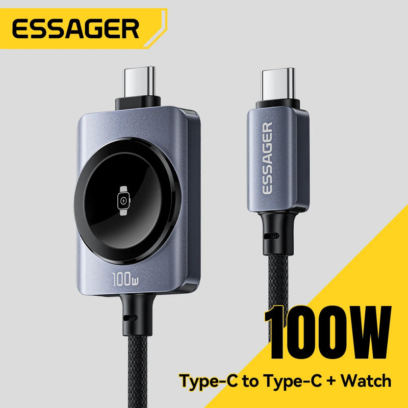 ខ្សែសាកនាឡិកា Essager 100W 2 ក្នុង 1 សម្រាប់ iPhone17 16 15 Pro Max iWatch ឆ្នាំងសាកម៉ាញេទិកប្រភេទ C ទៅប្រភេទ C ខ្សែសាកលឿន
