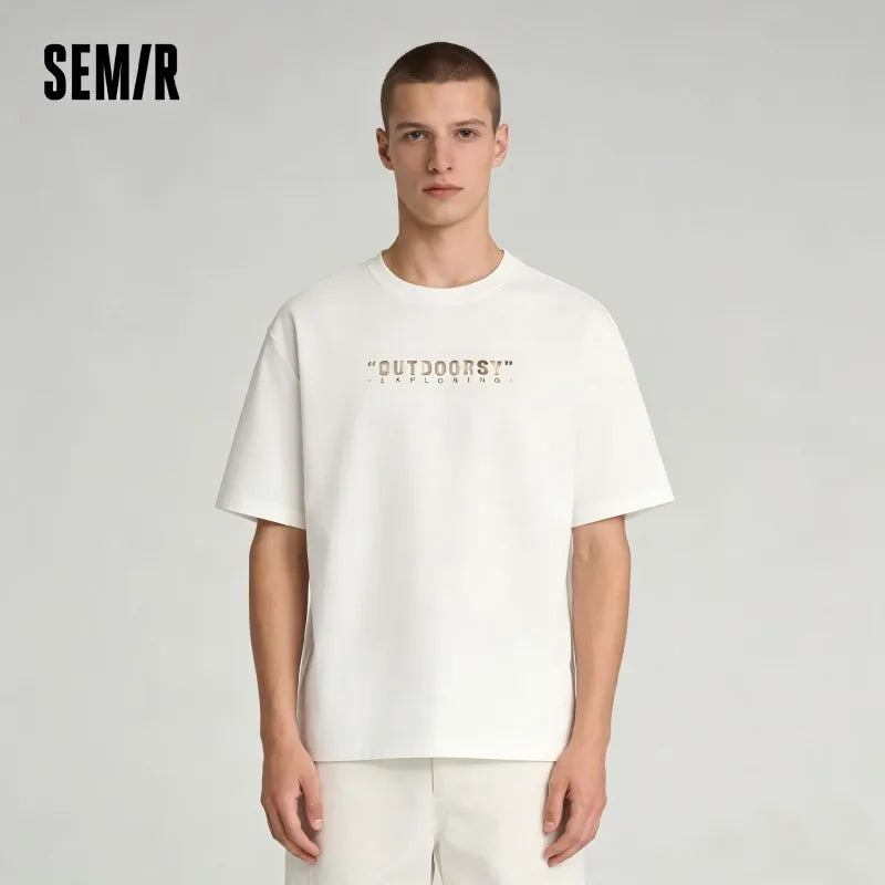 Semir Men Tshirt Letter 2026 Print Knitted Loose Fit Crew Neck Urban Casual Everyday Style Soft Comfortable Daily Wear