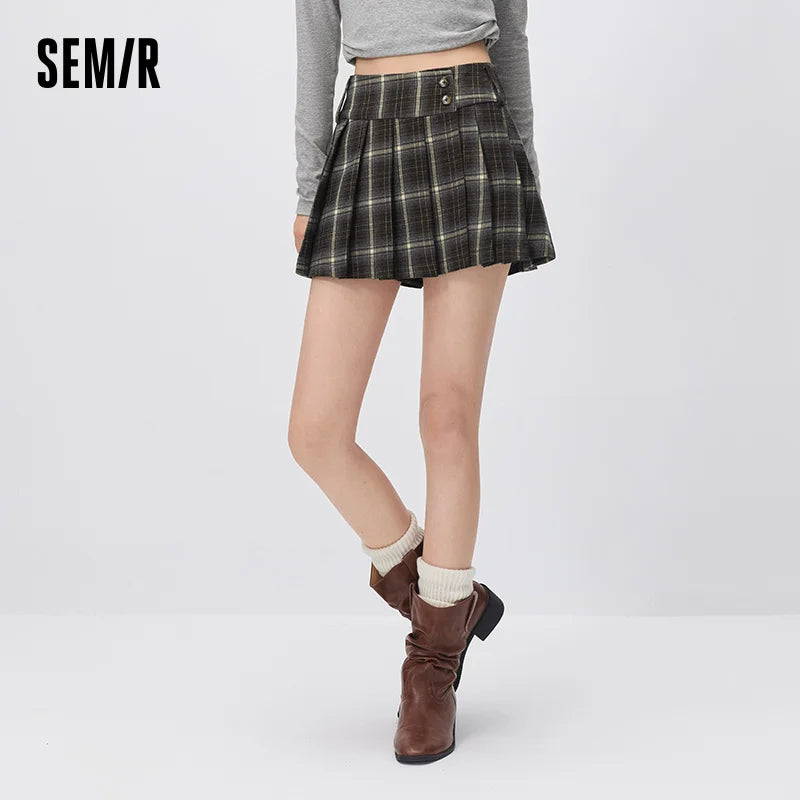 Semir Women Mini Skirt Plaid Asymmetric Pleated Campus Style Sweet Cool Autumn Bottoms Essential Daily Wear 2026