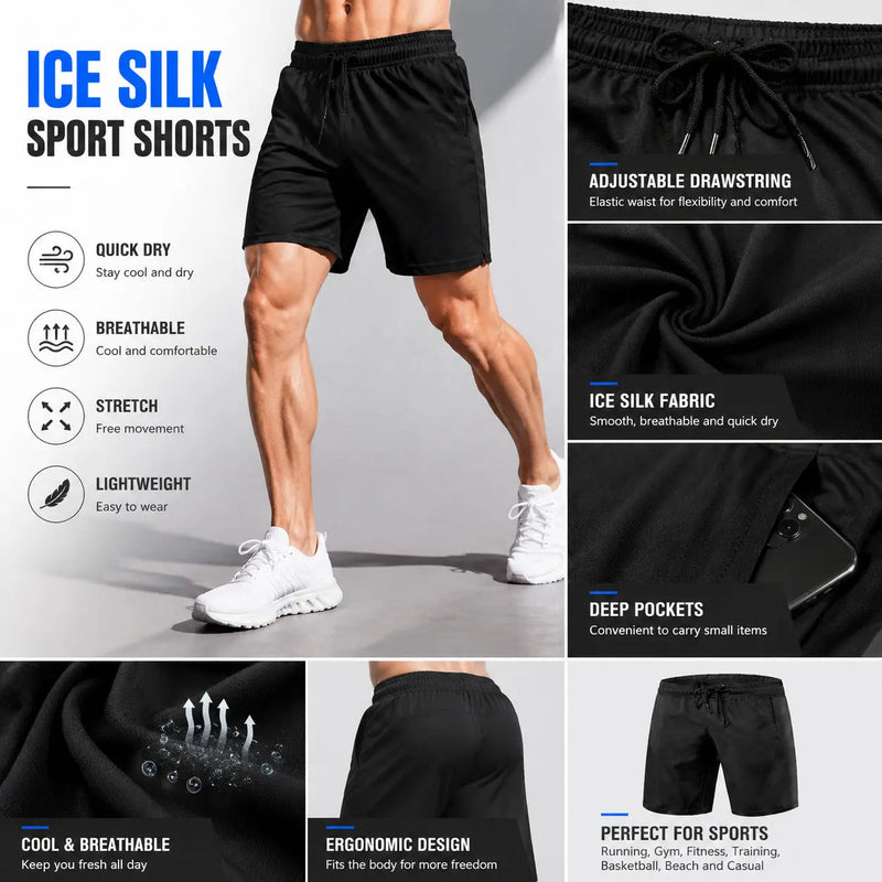 Men's Summer Ice Silk Shorts Quick Dry Breathable Cooling Lightweight Sports Shorts for Gym Running Jogging Fitness Outdoor
