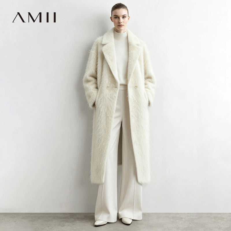 Amii Brushed Wool Long Coat Lapel Collar Double-Breasted Loose Fit Commuter Minimalist 2026 Winter Coats for Women 12644020