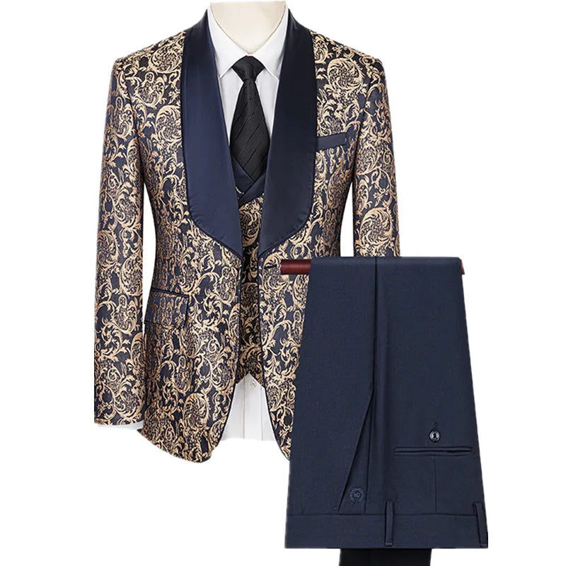 2026 New Men's Apricot Embroidered Suit 3-Piece, Jacquard Fabric Dress Jacket and Vest with Trousers, Branded Clothing