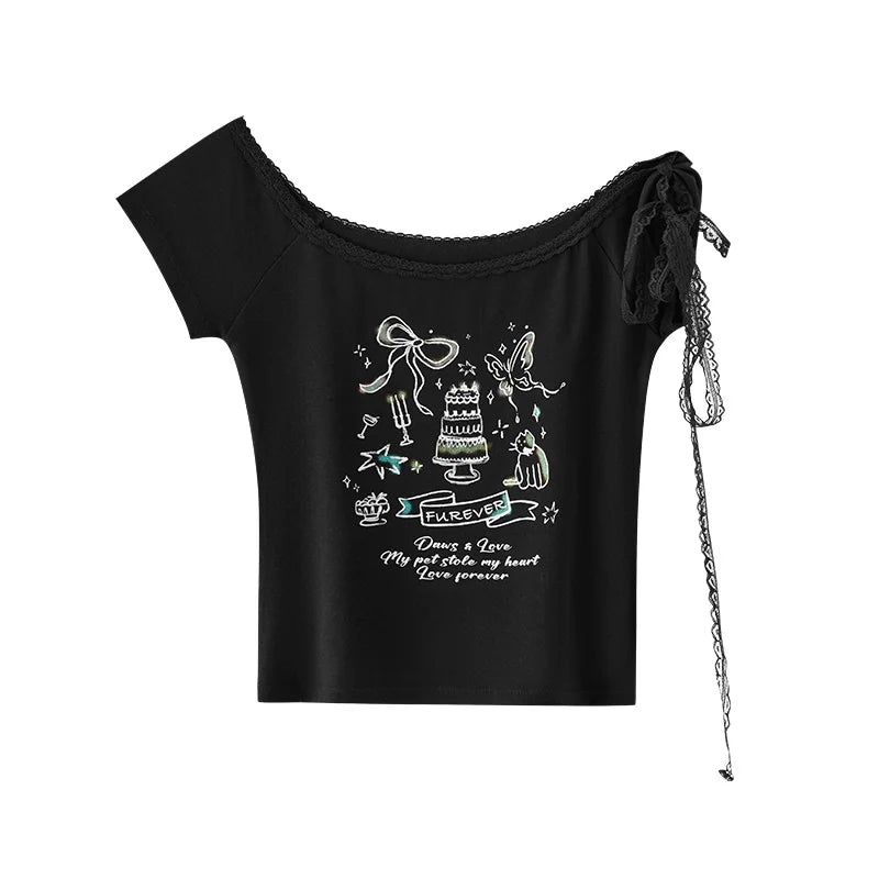 Semir Women Tshirt Lace One Shoulder Print Slim Cropped Top 2026 Summer Trendy