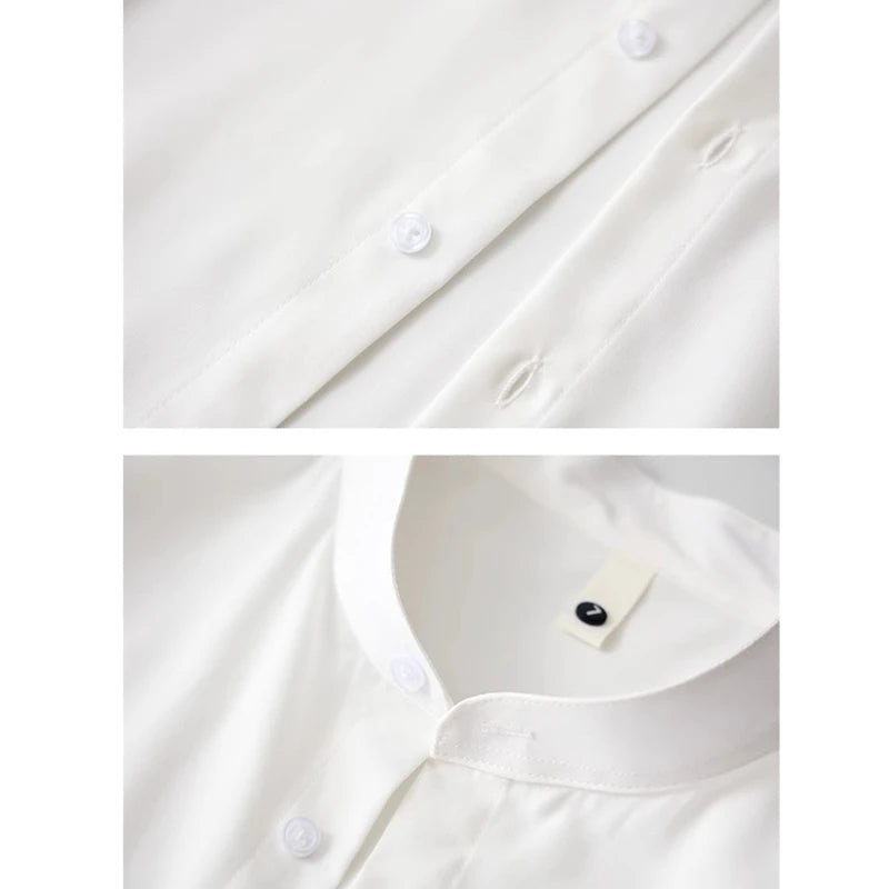 2026 New Men's Black Long-sleeved Shirt, White Single-breasted Stand-up Collar Shirts, Fashion Casual Tops, European Size S-XL.
