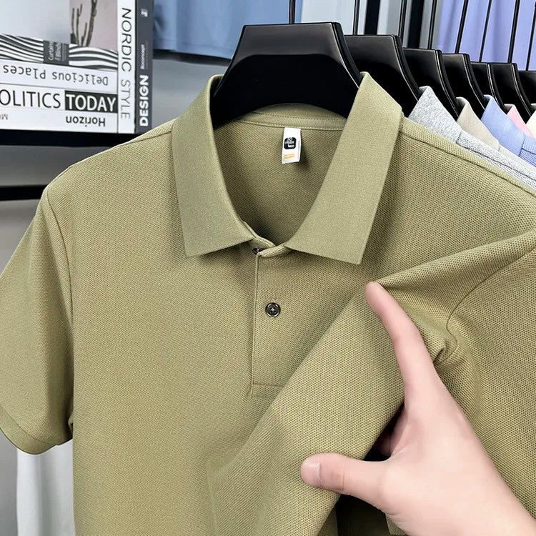 Men 100% Mercerized Cotton Polo Shirt Solid Short Sleeve Casual Business Tops Odor Resistant Premium 205g Summer