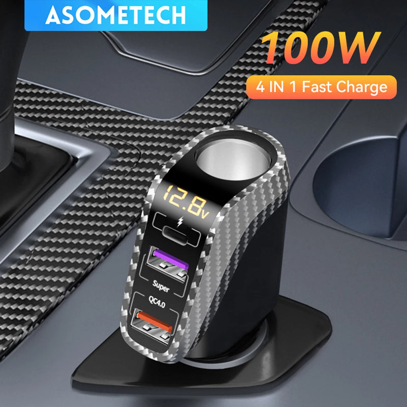ឆ្នាំងសាករថយន្ត USB 100W សាកលឿន QC3.0 QC4.0 PD3.0 SCP 4 ក្នុង 1 សាកថ្មលឿនសម្រាប់រថយន្ត iPhone 12 13 Xiaomi Huawei Samsung
