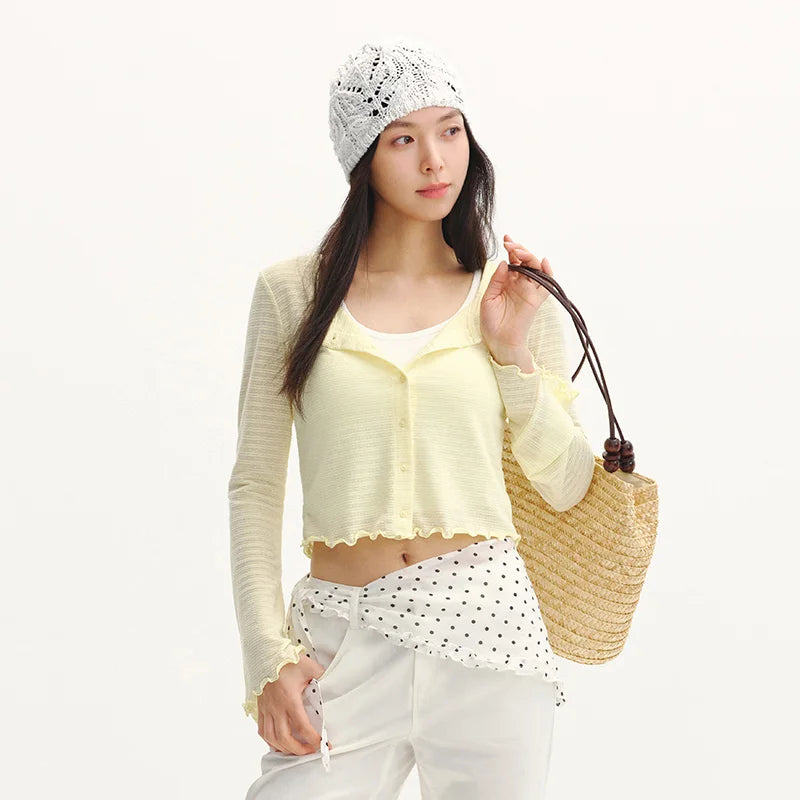 Semir Women Tshirt Textured 2026 Jacquard Slim Fit Ruffle Trim Knitted Crew Neck Urban Casual Everyday Style Soft