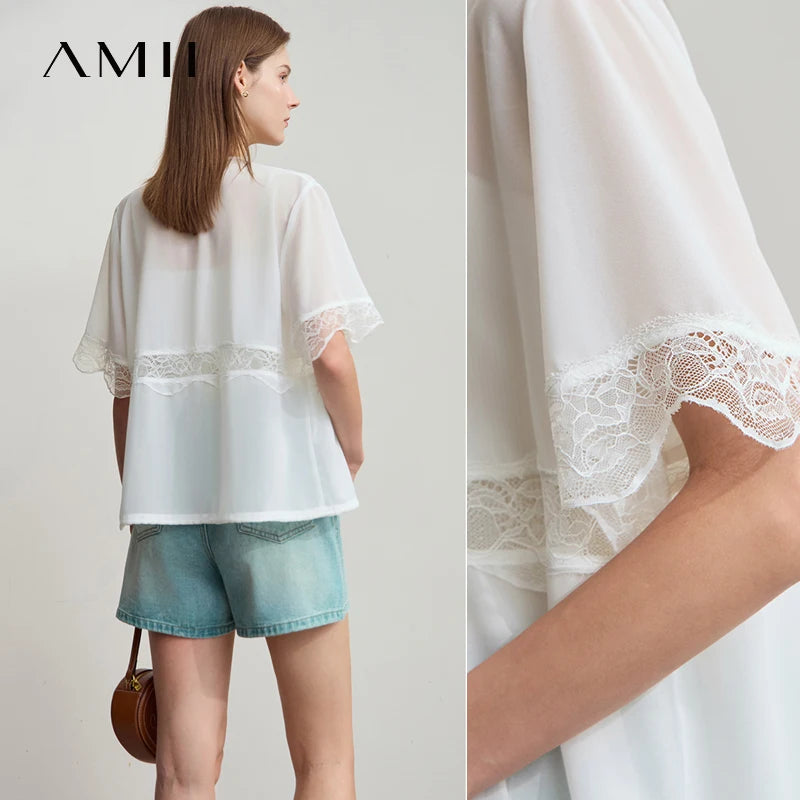 អាវ Amii Minimalist Beige Chiffon អាវស្ត្រីរដូវក្តៅឆ្នាំ ២០២៥ ថ្មីសម្រាប់នារីការិយាល័យធម្មតា V-neck Lace Solid Blouse Elegant Fairy Top 12522146