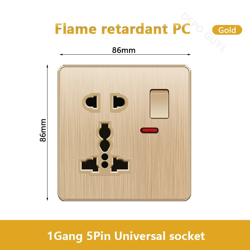 Gold Universal 3/5Pin Plastic Power Socket,UK Wall Outlet With 2.1A Dual USB Port,220V Electrical 2way Switch TV Computer CAT6