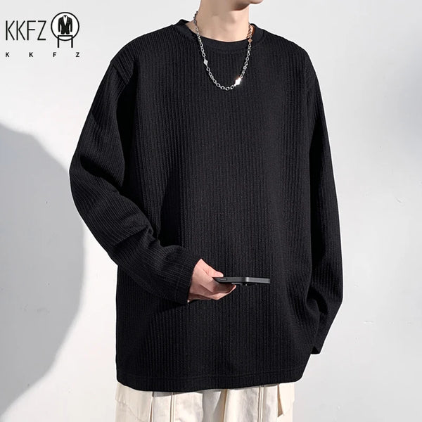 Men Casual Ribbed Texture Long Sleeve T Shirt Round Neck Relaxed Fit Soft Knit Male Daily Wear Top