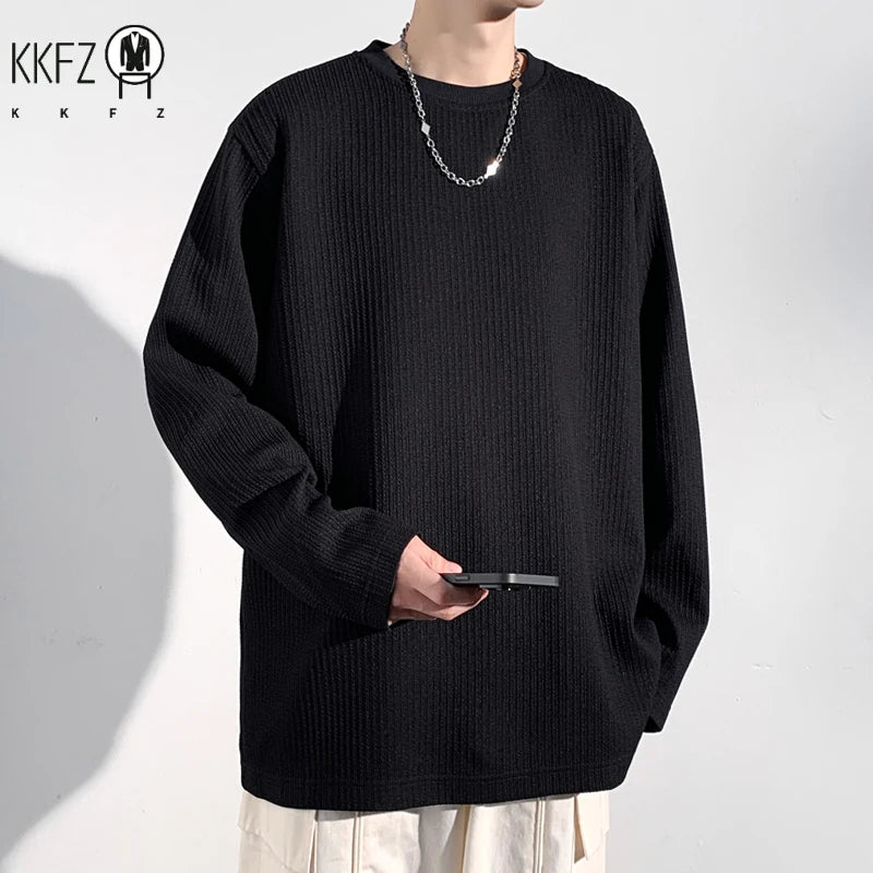 Men Casual Ribbed Texture Long Sleeve T Shirt Round Neck Relaxed Fit Soft Knit Male Daily Wear Top