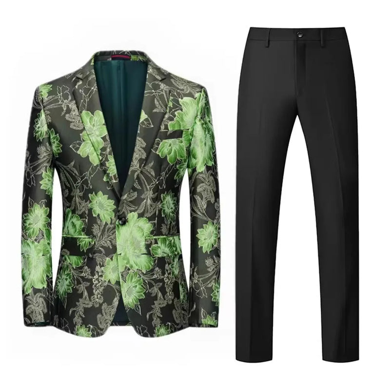 2026 Men's Two-Piece Set, Wedding Party Jacket and Trousers in Black with Red Flowers Jacquard Fabric Slim Fit Men Coat & Pants.
