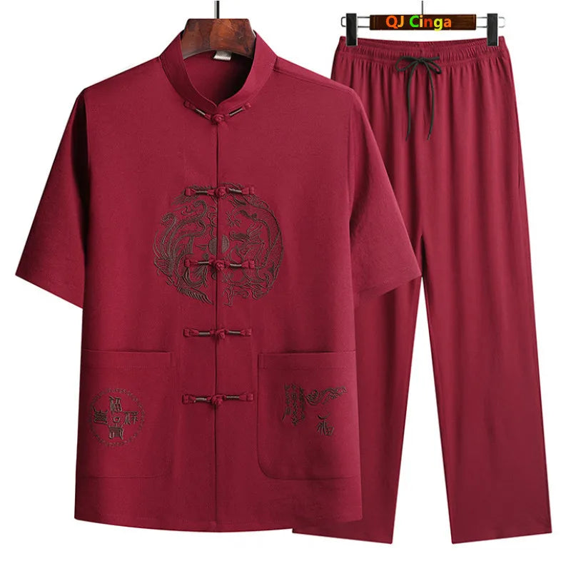 Chinese-style Men's Stand-collar Two-piece Set: A Summer Short-sleeve Shirt Paired with Cropped Pants. Red,Blue,Green,Khaki,Gray