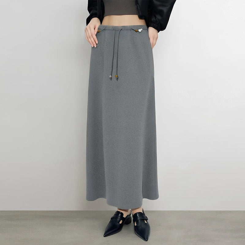 Amii Long Skirt 2026 Autumn New Drawstring Waist Casual Knit Women's Skirt Stretch Loose Daily Wear Flowy Woman Clothes 12643010
