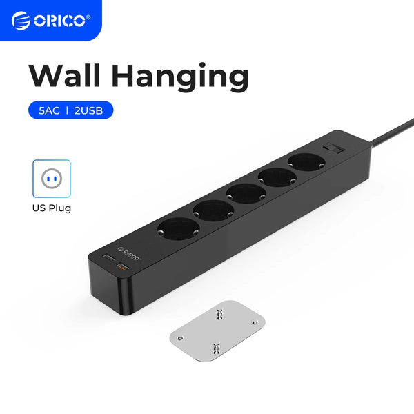 ORICO Power Strip Multiprise AC+2USB Electronic Socket Home Office Surge Protector EU Plug Extension Cable Wall Mounted Charger