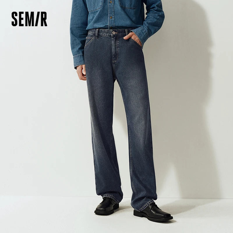 Semir Men Jeans Wide Straight Leg Loose Fit Distressed Wash 2026 Vintage Streetwear Commuter Casual Denim Pants