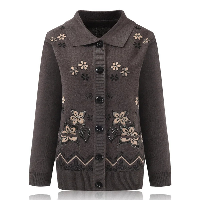 Print Mother Sweater Cardigan Top 60-80 Years Old Middle-Aged Elderly Women's Woolen Jacket Spring Autumn Knitted Shirt
