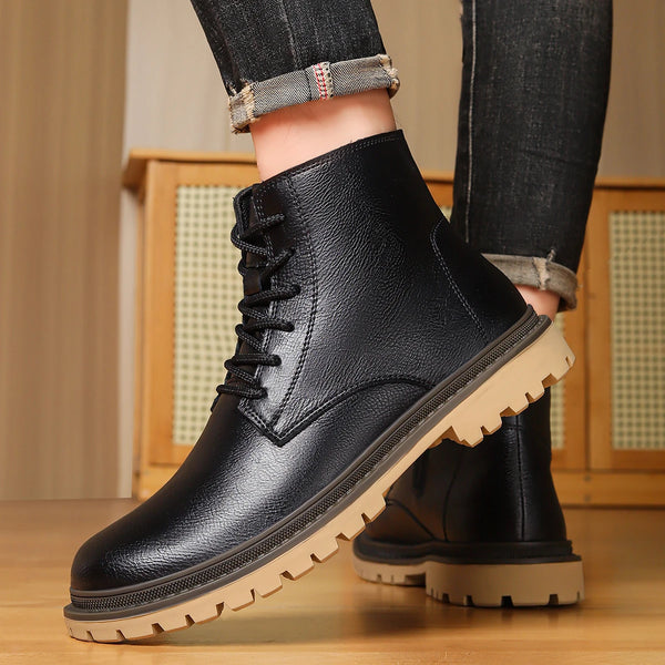 Mens British Style Leather Combat Boots High Top Anti-Skid Lug Sole Big Sizes 48 49 50 Brown Black