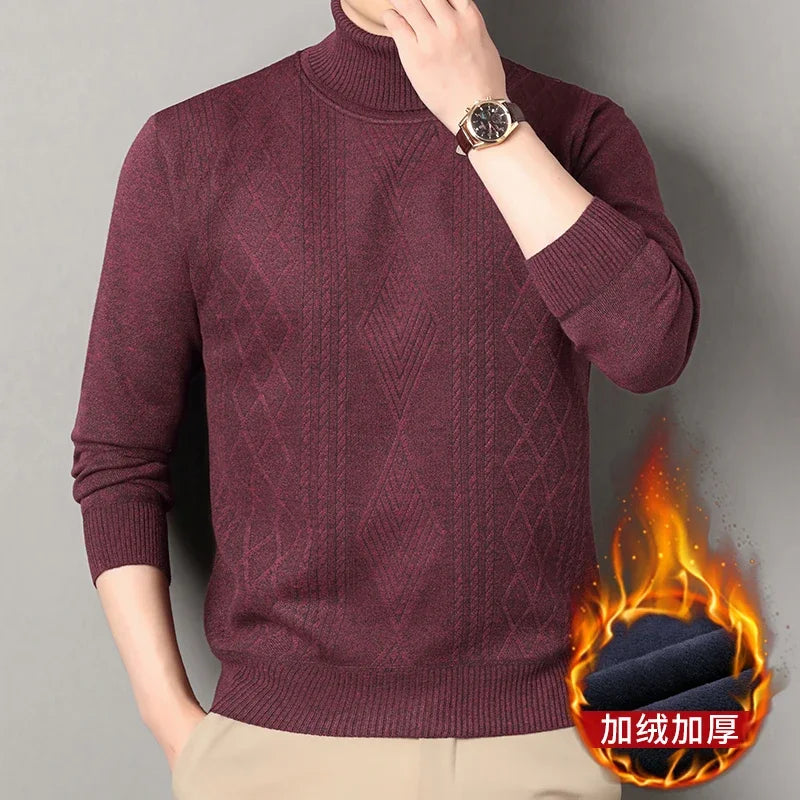 Three Dimensional Twist Weave Male Turtleneck Sweater Diamond Cable Allover Pattern Fleece Lined Rib Hem Pullover