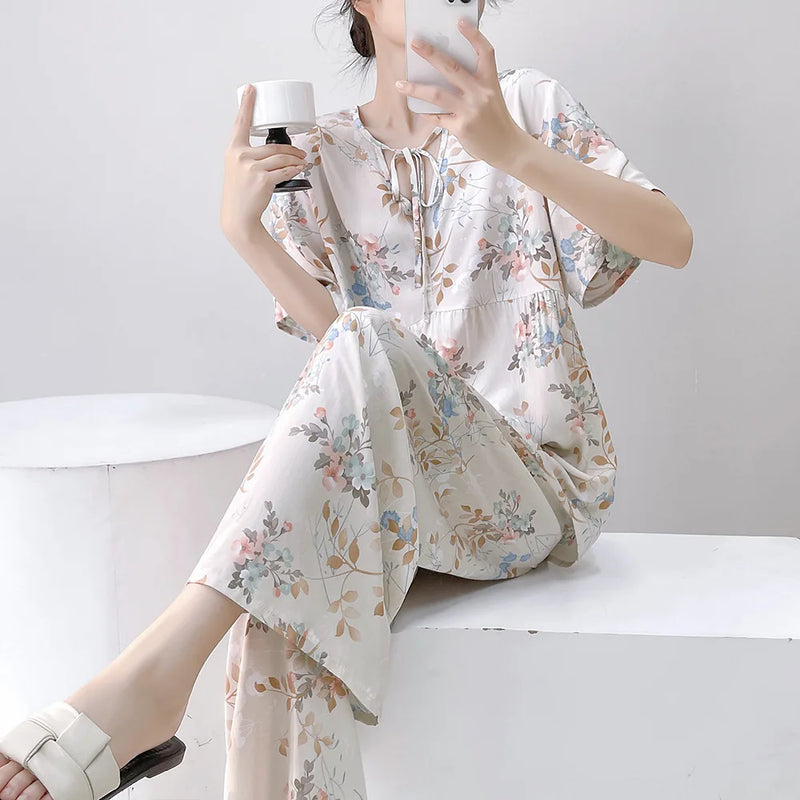 Women’s Summer Pajamas 2 Piece Sets Night Wear for Ladies Short Sleeve Sleepwear Homewear Floral Sleeping Wear for Woman Pijama