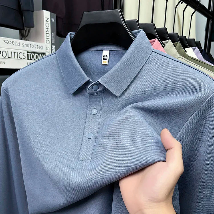 Men's Wool Blend Long Sleeve Polo - Light Blue (White/Black/Olive Green) Wool & Mulberry Silk Breathable Comfort Fit