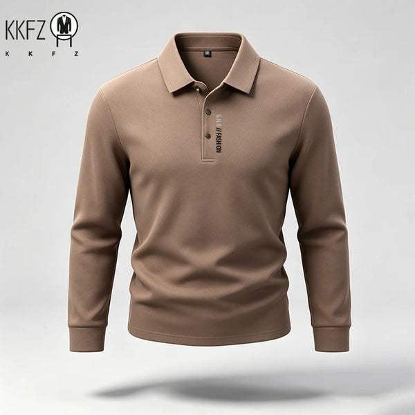 Male Trendy Lapel Collar Polo Top Long Sleeve Button Placket Letter Print For Short Trip Social Meetup And Street Fashion Wear