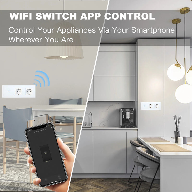 BSEED Wifi Wall Touch Switches 1/2/3Gang 1/2/3 Way Light Switch With Double EU Power Sockets Smart Life Google Alexa Control