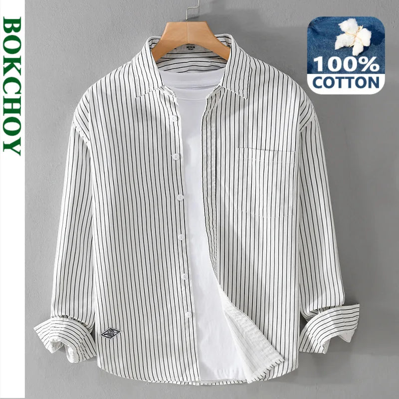 Spring Autumn 100% Cotton Cargo Striped Long Sleeve Shirts for Men Clothing Casual Soft Streetwear FY9678