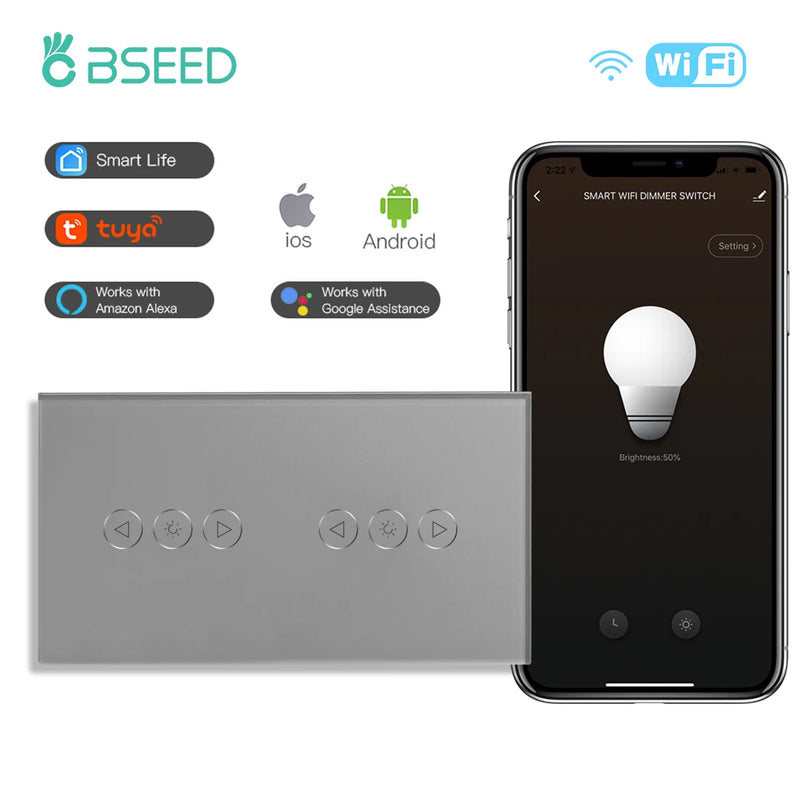 BSEED Wifi Dimmer Switch Double Led Dimmerable Smart Touch Dimmer Switch Work With Tuya Alexa Smart Life Tempered Crystal Glass