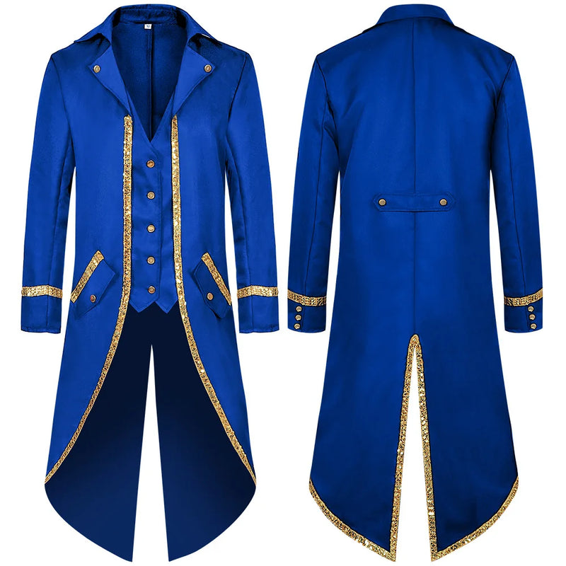 Blue Men's Halloween Trench Coat, Gold-trimmed Tailcoat with Patchwork Detailing, Medieval Mid-length Jacket, Punk-style Tops