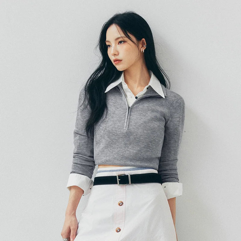 Semir Women Knit Sweater Wool Blend Layered Look Turn Down Collar Half Zip Pleated Detail Slim Fit 2026 New Winter Daily Wear