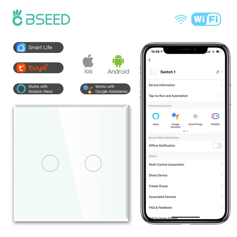 BSEED EU Standard Wifi Wall Switch 1/2/3Gang 1/2/3Way Smart Touch Light Switches Wall Socket Outlets Google Alexa Tuya Control
