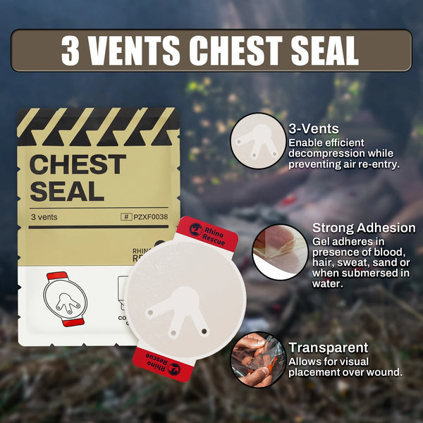 RHINO RESCUE Vent Chest Seal Trauma Dressing First Aid Kit Sterile Tactical Outdoor Emergency IFAK Refill for Military And Outdo