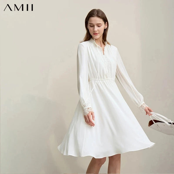 Amii Women's Autumn Dresses 2026 New Elegant Lace Splicing Strap Dress Woman Rubber Waist-fitted Chiffon Midi Skirt 12611020