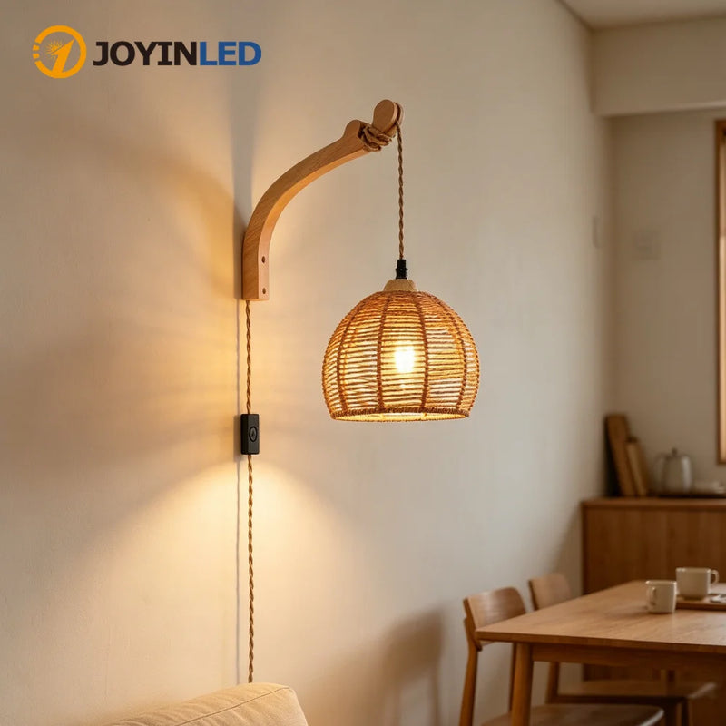 Plug in Wall Lamp Farmhouse Wicker Wall Light Plug in Hand Woven Rattan Sconce Rustic Wall Lighting for Living Room Bedroom