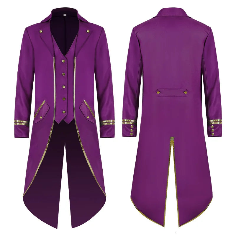 2026 Medieval Style Thin Men's Retro Mid-Length Punk Coat with Gold Trim Trench for Halloween Cosplay in Red Green Purple Jacket