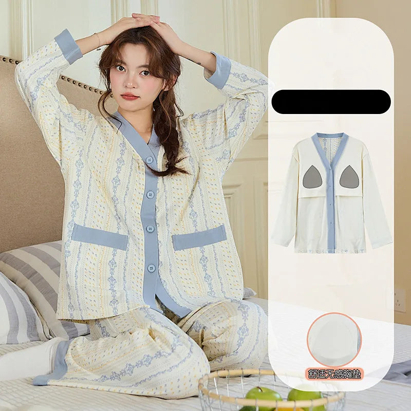 Chest Pad Long Sleeve Shirt Trousers Sets Big Size Women's Pajamas Cartoon Printed Cotton Sleepwear For Sleeping Home Suit