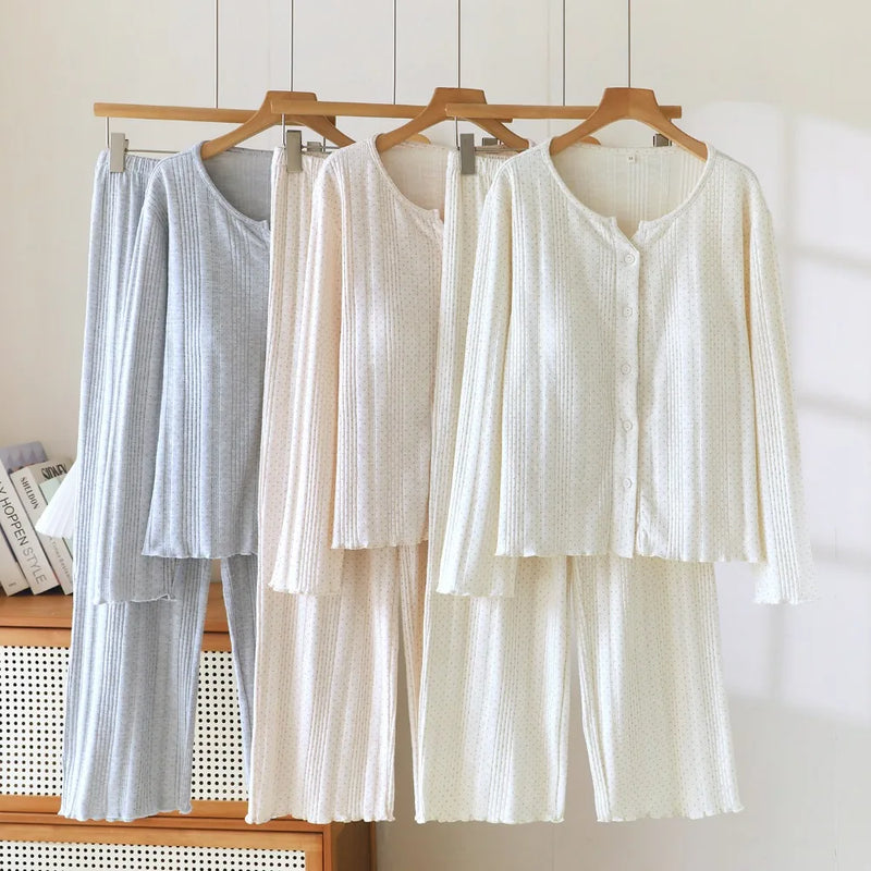 Knitted Cotton Sleepwear Lady Long-sleeved TrousersTwo-piece Spring Autumn Women's Home Wear Pyjama Set New Arrival Homewear